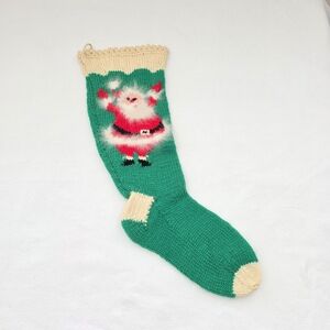 Vtg Christmas Stocking Hand Knitted Santa Mohair Beard Handmade in Hong Kong